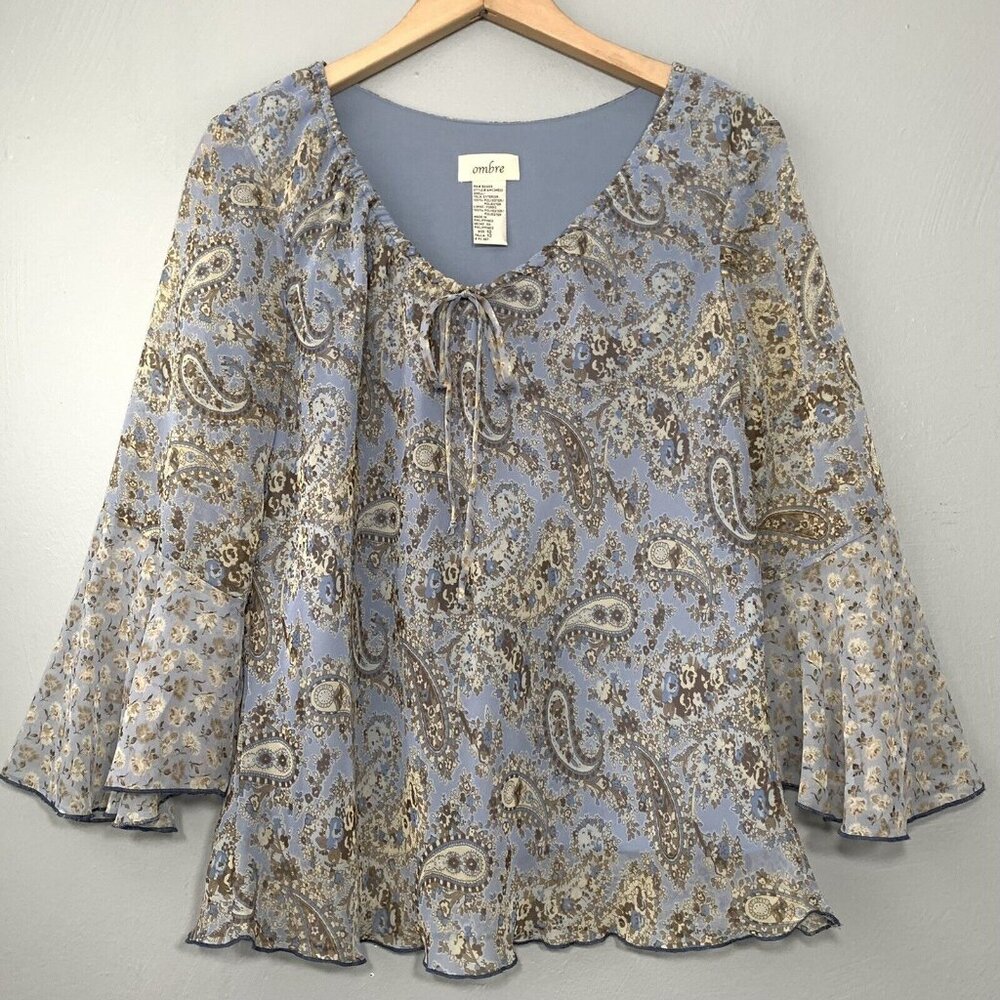 Ombre Womens Size 12 Blue Paisley Flowy Y2K Semi Sheer Top Fairycore Romantic